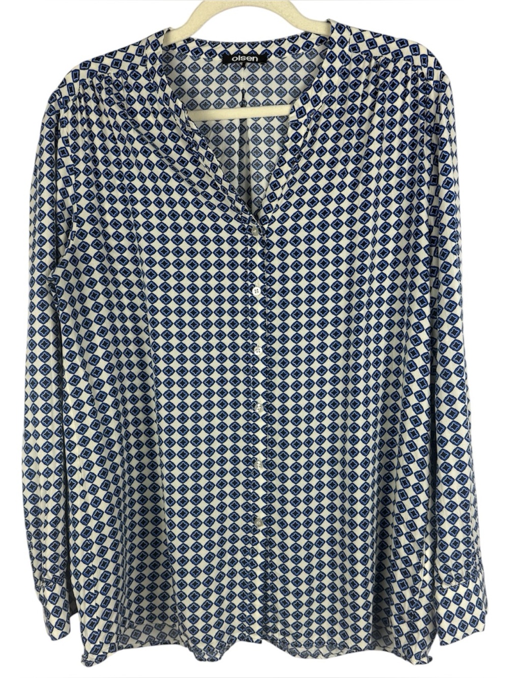 OLSEN Geometric Tile Print Button Front Blouse Blue Ivory Long Sleeve Notch Neck